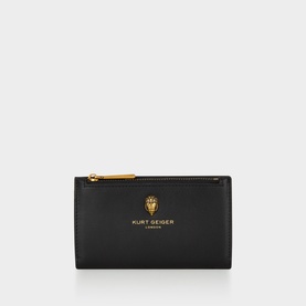 Kurt Geiger Sloane Small Bifold Wallet in black leather with gold eagle head emblem, gold-tone zip and logo lettering