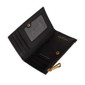Kurt Geiger Sloane Small Bifold Wallet in black leather, open showing card slots, ID window and gold zip detail