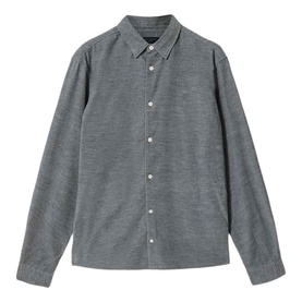 All Saints light grey long-sleeve button-up shirt with button-down collar and tonal buttons, flat lay view