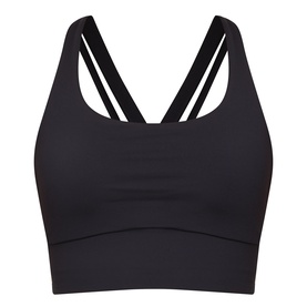 Lululemon Energy Longline Sports Bra in black with double shoulder straps and scoop neckline, flat lay view