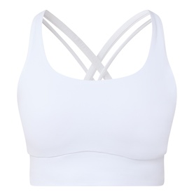 Lululemon Energy Longline Bra in white with cross-back double strap detail and scoop neckline