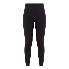 Lululemon black high-waisted leggings with wide waistband, full-length cut, flatlay view