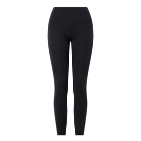 Lululemon black high-waisted leggings with wide waistband, slim-fit full-length cut, flat lay view