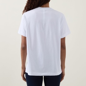 Model wearing Lululemon All Yours T-Shirt in white, rear view, relaxed fit with short sleeves