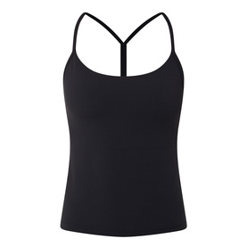 Lululemon black cami top with thin Y-back straps and built-in shelf bra, flatlay view