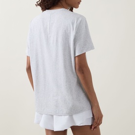 Model wearing Lululemon All Yours T-Shirt in Heathered Core Ultra Light Grey, relaxed fit, short sleeves, shown from back.
