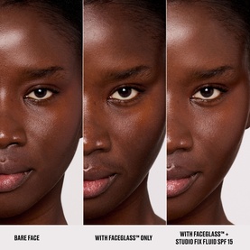 MAC Faceglass Primer before-and-after comparison on deep skin tone: bare face, primer only, and primer with Studio Fix Fluid SPF 15