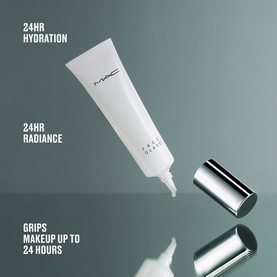 MAC Makeup Primer in white tube with silver cap, shown floating with key claims: 24HR hydration, radiance, and grips makeup up to 24 hours