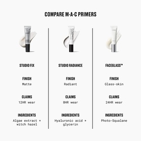 MAC primer comparison chart showing Studio Fix (matte), Studio Radiance (radiant), and Faceglass (glass-skin) primers with finish, claims, and