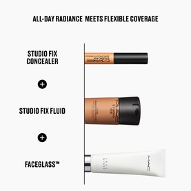 MAC Studio Fix Concealer, Studio Fix Fluid, and Faceglass complexion trio displayed together as an all-day radiance routine set