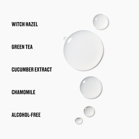 MAC Setting Spray key ingredients: Witch Hazel, Green Tea, Cucumber Extract, Chamomile. Alcohol-free formula shown as liquid droplets.