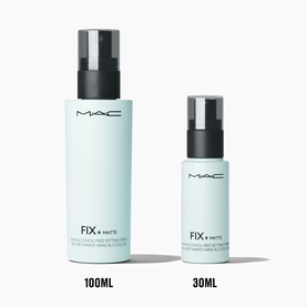MAC Fix+ Matte Setting Spray shown in two sizes: 100ml and 30ml, in mint green packaging with black cap