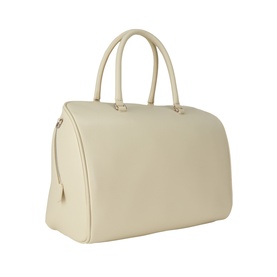 Marc Jacobs bone leather top handle bag with dual rolled handles, structured silhouette, and gold-tone hardware, side angle view