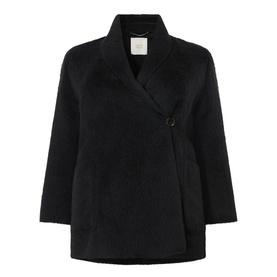 Marina Rinaldi black alpaca and virgin wool coat with shawl collar, single-button fastening and three-quarter length sleeves