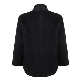 Marina Rinaldi black alpaca and virgin wool coat, rear view showing high neck, three-quarter sleeves and relaxed boxy silhouette