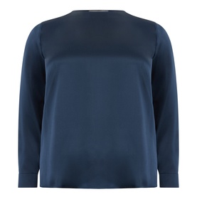 Marina Rinaldi midnight blue 100% silk long-sleeve blouse with crew neck and relaxed fit, displayed flat