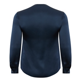 Model wearing Marina Rinaldi midnight blue 100% silk shirt, back view, long sleeves with buttoned cuffs and relaxed fit.