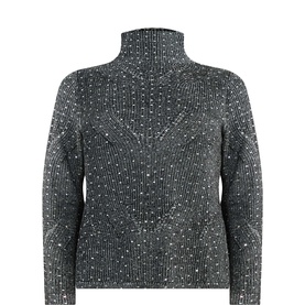 Marina Rinaldi black and white ribbed turtleneck jumper with all-over speckled pattern and long sleeves, wool-acrylic blend