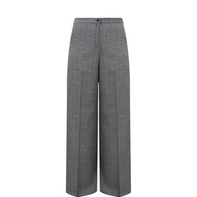 Marina Rinaldi black wide-leg trousers in virgin wool and silk blend, featuring subtle pinstripe pattern and high-rise waist