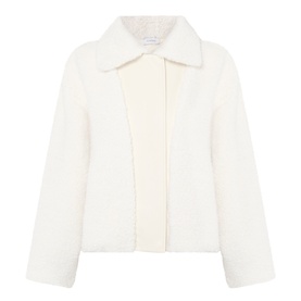 Max Mara Sportmax ecru short coat with wide lapel collar, open front, and long sleeves in textured boucle-style fabric.