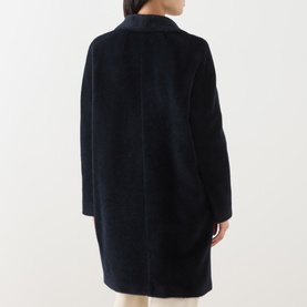 Model wearing Max Mara S Midnight Blue alpaca and wool blend coat, rear view showing relaxed silhouette and centre back seam.