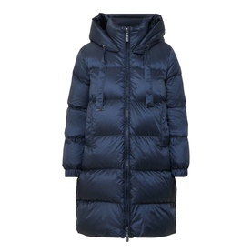 Max Mara Cube midnight blue quilted down coat with hood, chest pocket, zip fastening, and ribbed cuffs