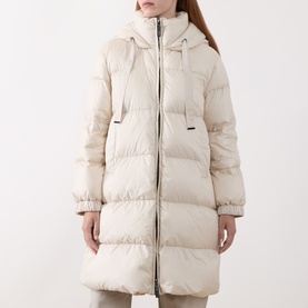 Model wearing Max Mara Cube vanilla quilted hooded down coat, mid-length with zip fastening and banded cuffs.
