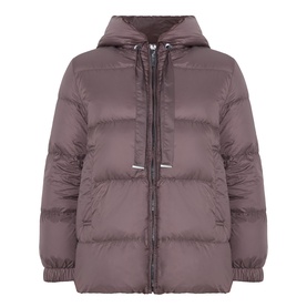 Max Mara Cube dark brown hooded puffer jacket with zip fastening, drawstring hood, and quilted panels