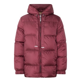 Burgundy hooded puffer jacket with zip fastening, quilted panels, and elasticated hem, displayed flat on white background