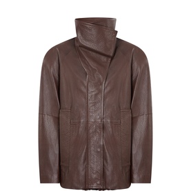 Max Mara Sportmax coffee lamb leather jacket with high wraparound collar, front patch pockets, and zip fastening