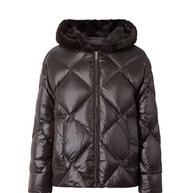 Max Mara Cube brown quilted hooded down jacket with diamond stitch pattern, faux fur-lined hood, and zip fastening