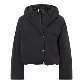 Max Mara Sportmax black padded jacket with hood, blazer-style lapels, button fastening, and front flap pocket