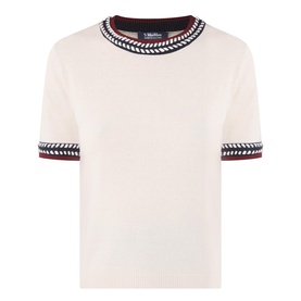 Max Mara S Carina Contrast Trim Sweater in Albino, short-sleeve knit with navy and red contrast trim at neckline and cuffs