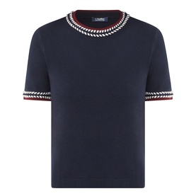 Max Mara S Carina Contrast Trim Sweater in ultramarine with red and white whipstitch trim at neckline and cuffs, short sleeves