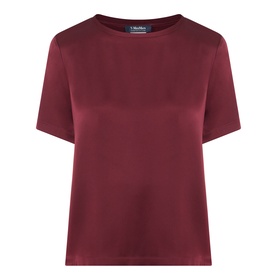 Max Mara S Rebecca Solid T-Shirt in bordeaux with crew neck, short sleeves, curved hem, and smooth satin finish.