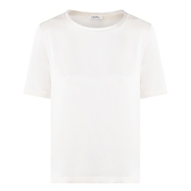 Max Mara S ivory short-sleeve top in acetate-viscose blend, crew neckline, relaxed fit, no model present.