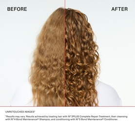 Before and after split showing Olaplex N&deg;.3 PLUS Complete Repair Treatment results on curly hair, visibly smoother and more defined after use.