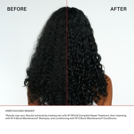 Olaplex N&deg;.3 PLUS Complete Repair Treatment before and after result showing visibly smoother, more defined curls on dark hair.