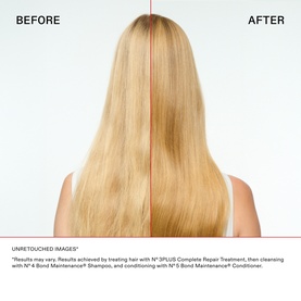 Olaplex N&deg;.3 PLUS Complete Repair Treatment before and after split image showing hair texture and shine improvement.