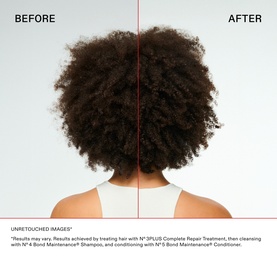 Olaplex N&deg;.3 PLUS Complete Repair Treatment before and after result on natural curly hair, showing improved definition and reduced frizz.