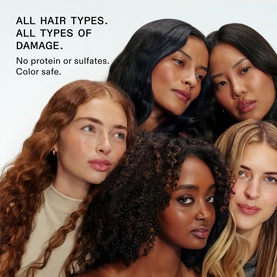 Five models with varying hair types and textures promoting Olaplex N&deg;.3 PLUS Complete Repair Treatment, suitable for all hair types