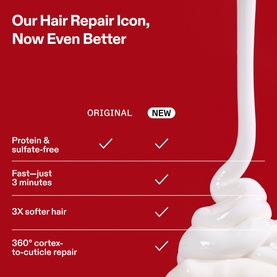 Olaplex N&deg;.3 PLUS Complete Repair Treatment comparison chart highlighting protein-free, 3-minute application, 3x softer hair and 360&deg;