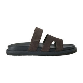 KG by Kurt Geiger brown suede men's slide sandals with double strap upper and black flatform sole, side view