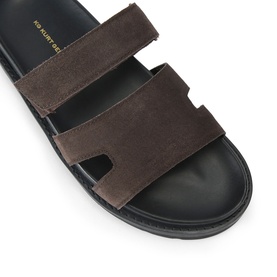 KG by Kurt Geiger brown suede double-strap sandals with black footbed, overhead flat lay view