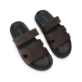 KG by Kurt Geiger brown suede double-strap slide sandals with black cushioned footbed and chunky sole, top-down view