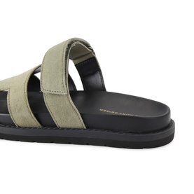 KG by Kurt Geiger green canvas double-strap slide sandals with black EVA sole, angled rear view