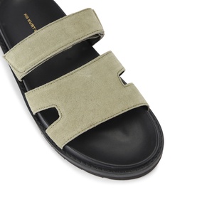 KG by Kurt Geiger green suede double-strap sandals with black chunky sole, top-down view
