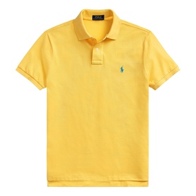 Ralph Lauren Regular Polo in Yellow Fin, short sleeve piqu&eacute; cotton with teal embroidered pony logo, two-button placket