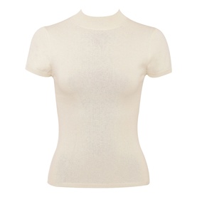 House of CB ivory ribbed short-sleeve mock-neck top, fitted silhouette with subtle sheen, shot flat on white background