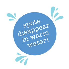 Tiger Tribe book feature graphic: blue circle with text "spots disappear in warm water!" with water splash illustrations